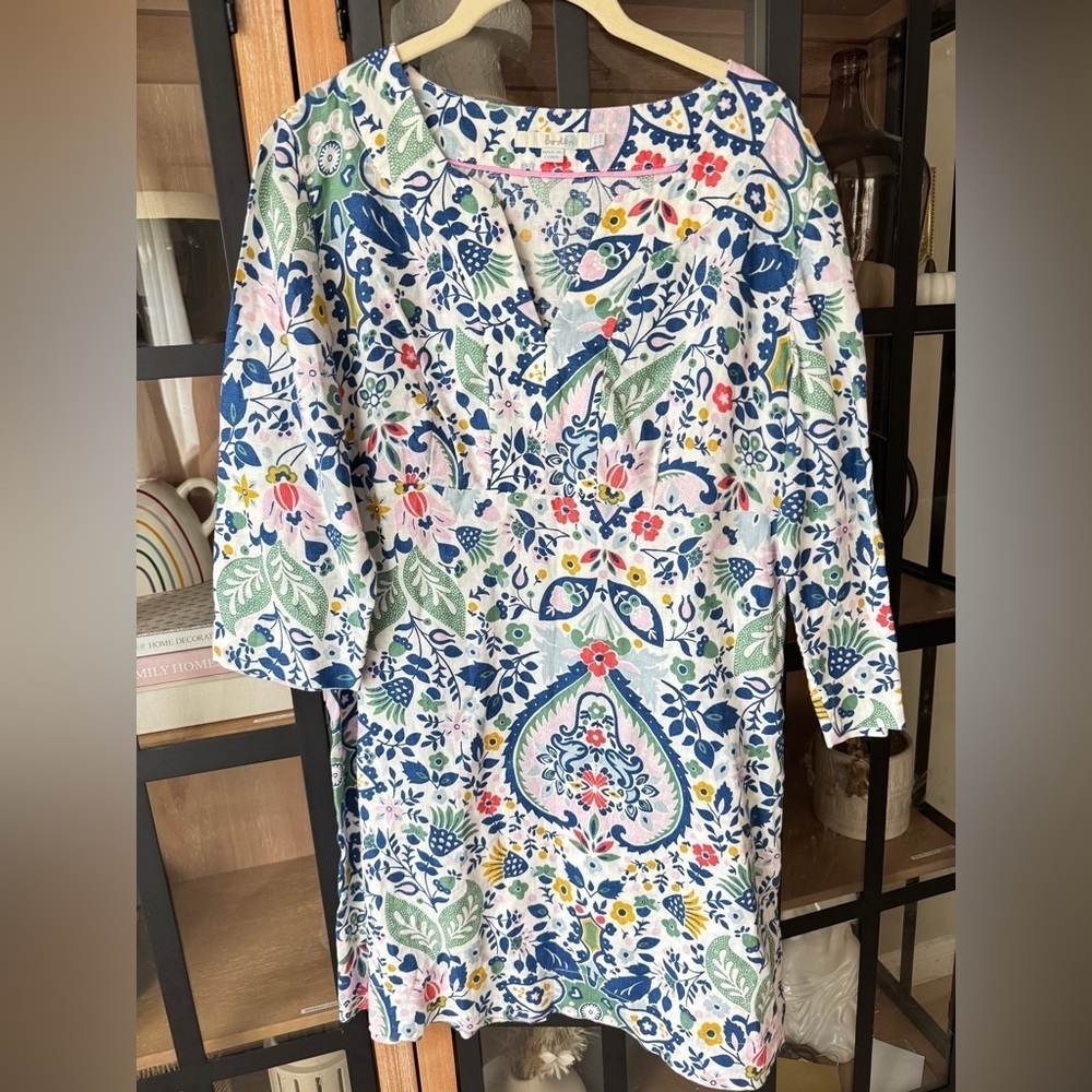 Boden linen floral tunic dress mini paisley a-line half long sleeve splice neck